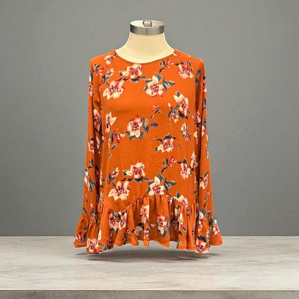 ro&de Women's Orange Floral Bell‎ Sleeve Ruffle Blouse Small